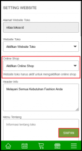 setting online shop set ke “Aktifkan Onlie Shop”